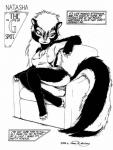 1998 4_toes anthro barefoot biped black_and_white breasts claws clothing comic english_text feet female james_m_hardiman mammal mephitid monochrome natasha_(jmh) nipples skunk solo text toes traditional_media_(artwork)