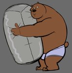 anthro barefoot bear black_nose briefs briefs_only brown_body brown_fur bulge cartoon_network clothed clothing ethancostas feet fur grey_background grey_pillow grizzly_(we_bare_bears) hug hugging_object hugging_pillow male mammal monotone_briefs monotone_clothing monotone_underwear pillow simple_background solo surprised tighty_whities topless underwear underwear_only we_bare_bears white_briefs white_clothing white_underwear