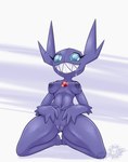 2020 areola artist_name bodily_fluids breasts clenched_teeth digital_media_(artwork) drooling english_text eyelashes female gem_eyes generation_3_pokemon genital_fluids genitals hi_res humanoid kneeling latiar nintendo nipples number open_mouth open_smile pokemon pokemon_(species) pokemorph purple_body pussy sableye saliva sharp_teeth simple_background smile solo teeth text vaginal_fluids wide_hips