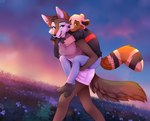 anthro canid canine canis carrying_another duo family family_bonding female field flower grass grass_field hi_res kidaoriginal legend_of_ahya male mammal max_thrash mother_(lore) mother_and_child_(lore) mother_and_son_(lore) murana_wolford_(darkflame-wolf) parent_(lore) parent_and_child_(lore) parent_and_son_(lore) piggyback plant procyonid raccoon size_difference son_(lore) sunset wolf