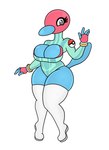 4_fingers anthro armwear beak big_breasts black_eyes blue_body blue_clothing boots breasts clothing eyelashes female fingers footwear generation_2_pokemon multi_arm multi_limb nintendo pokemon pokemon_(species) porygon2 shoes simple_background solo tail thick_thighs urusee584 white_background white_boots white_clothing white_footwear