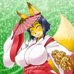 1:1 2014 abstract_background aburage-san anthro asian_clothing bell big_breasts black_hair breasts canid canine clothing concon-collector east_asian_clothing female folding_fan fox fur hair japanese_clothing mammal no3512 official_art shrine_maiden solo