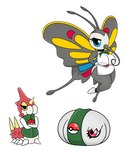 antennae_(anatomy) anthro armless bandage beautifly big_breasts black_body blue_eyes breasts clothing female generation_3_pokemon group hi_res horn jacket legless nintendo pokeball pokemon pokemon_(species) pupils red_body red_eyes shirt silcoon topwear trio urusee584 white_body wings wurmple yellow_eyes