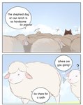 aman_(weibo) border bovid canid canine canis caprine comic dialogue domestic_dog english_text feral group hard_translated herding_dog mammal outside pastoral_dog question_mark sheep speech_bubble text third-party_edit translated translation_edit white_body white_border