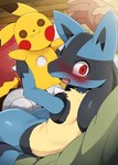 2023 5_fingers ambiguous_gender anthro blush bodily_fluids clothed clothing dagasi digital_media_(artwork) duo faceless_character fingers fur generation_1_pokemon generation_4_pokemon hi_res human lucario mammal nintendo pikachu plushie pokemon pokemon_(species) red_eyes solo_focus tears