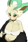 2:3 anthro anthrofied big_breasts bombeebus breasts brown_eyes clothed clothing ear_piercing ear_ring eeveelution female fur generation_4_pokemon hair hi_res leafeon lighter mammal nintendo piercing pokemon pokemon_(species) pokemorph ring_piercing simple_background tan_body tan_fur tan_hair