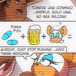 1:1 angelauxes anthro bat beer_mug blue_eyes brown_body brown_skin deception dialogue drugs duo ellipsis english_text facial_hair female half-closed_eyes human imminent_drugging low_res male mammal mustache narrowed_eyes orange_body peer_pressure pills question_mark racism rouge_the_bat sega sleeping_pills sonic_the_hedgehog_(series) spanish_text speech_bubble text translated