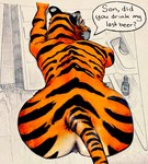 anthro appliance bent_over big_butt butt dialogue english_text felid fridge hi_res kitchen_appliance looking_at_viewer looking_back male mammal pantherine presenting presenting_hindquarters solo speech_bubble stripes tail text tiger traditional_media_(artwork) u4e