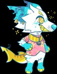 2020 alpha_channel animal_crossing anthro bell bell_collar blonde_eyebrows blue_body blue_fur blue_inner_ear blue_nose bottomless canid canine canis chibi clothed clothing collar crocodile crocodilian digital_drawing_(artwork) digital_media_(artwork) ear_piercing eyebrows featureless_crotch fin fin_piercing fish fish_hook fish_hook_piercing flat_colors floral_shirt full-length_portrait fur furgonomics furry-specific_piercing grin hand_on_hip hand_on_own_hip handpaw hindpaw hook hybrid jaspering male mammal marine markings nintendo notched_ear paws piercing pink_clothing pink_shirt pink_topwear plantigrade portrait reptile rooney_(jaspering) scalie shark sharp_teeth shirt simple_background smile snout solo sparkles striped_inner_ear tail tail_fin teeth topwear trans_(lore) trans_man_(lore) transparent_background whisker_spots white_body white_fur wolf yellow_collar yellow_eyes yellow_markings yellow_tail yellow_teeth