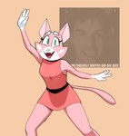 anthro belt clothing collar dancing domestic_cat dress english_text eyebrows felid feline felis female fur green_eyes hi_res hitsuji looking_at_viewer mammal matpat nae_nae_dance pink_body pink_ears pink_fur pink_tail shima_luan simple_background solo super_planet_dolan tail text white_eyebrows white_hands white_nose