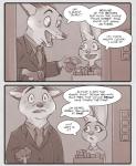 2016 anthro cane canid canine clothing comic disney elevator english_text fan_character female fox july_hopps_(mistermead) lagomorph leporid male mammal nick_wilde rabbit red_fox rockbottomfeeder simple_background speech_bubble suit text true_fox zootopia