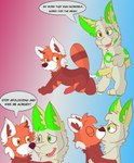 absurd_res after_sex ailurid anthro bodily_fluids cum cum_drip dialogue dripping duo english_text fur genital_fluids genitals green_eyes green_stripes hi_res kissing lagomorph leporid male male/male mammal penis rabbit red_body red_fur red_panda reznoo ripy_(reznoo) stripes text