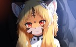 2023 anthro blonde_hair brown_body brown_fur bust_portrait clothed clothing digital_media_(artwork) felid female female_anthro fur hair hi_res horokusa0519 inner_ear_fluff kemono looking_at_viewer mammal multicolored_body multicolored_fur orange_body orange_fur pantherine pink_nose portrait pupils red_eyes slit_pupils solo tiger tora-chan_(horokusa) tuft white_body white_fur