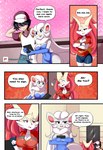 absurd_res anthro anthrofied braixen bray_(lucyfercomic) breasts canid cinccina_(lucyfercomic) cinccino clothing comic crossed_arms cute_fangs dress elevator fangs female generation_5_pokemon generation_6_pokemon gloves group hair hair_over_eyes handwear hat headgear headwear hi_res human inner_ear_fluff lucyfercomic male mammal may_(pokemon) nintendo pokemon pokemon_(species) pokemon_trainer pokemorph speech_bubble teeth text tuft