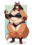 absurd_res anthro belly beverage_can big_belly big_breasts bra breasts brown_hair can canid canine choker clothed clothing container dipstick_tail female fluffy fluffy_tail fox front_view fur hair hi_res holding_can holding_container holding_object huge_thighs jewelry looking_at_viewer mammal markings necklace orange_body orange_fur overweight overweight_anthro overweight_female partially_clothed pubes solo standing tail tail_markings thick_thighs underwear wandwess wide_hips