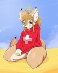 4:5 absurd_res anthro beach bottomless canid canine clothed clothing curvy_figure dan_scarf female fennec_fox fox hair hi_res hoodie inner_ear_fluff lifeguard long_hair looking_at_viewer mago_(dan_scarf) mammal purple_eyes sand sky smile solo tail thick_thighs topwear true_fox tuft voluptuous wide_hips