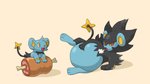 16:9 ambiguous_gender belly big_belly black_body black_fur blue_body blue_fur duo feral food fur generation_4_pokemon luxray lying meat nintendo on_side overweight overweight_feral pokemon pokemon_(species) pukupukudragon quadruped shinx simple_background size_difference stuffing widescreen