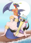 absurd_res aegislash ambiguous_gender beach beach_style_aegislash beach_style_garchomp feral garchomp generation_4_pokemon generation_6_pokemon group hi_res holowear_(pokemon) human human_focus male mammal muscular muscular_male nintendo outdoor_nudity pokemon pokemon_(species) pokemon_unite sea tapirclip trio volo_(pokemon) water