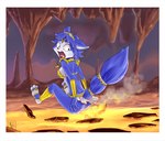 anthro blue_body blue_fur blue_hair burning burnt_clothing butt butt_on_fire canid canine cave circlet digital_media_(artwork) female fire fluffy fluffy_tail fox fur hair hand_on_butt hi_res holding_butt krystal_(star_fox) lava looking_back mammal nintendo open_mouth pain pequedark-velvet raised_tail screaming solo star_fox tail tongue white_body white_fur wide_eyed