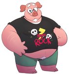 2020 anthro belly bottomwear clothing domestic_pig eyewear glasses leothelionel male mammal overweight overweight_anthro overweight_male pink_body ron_chicha shirt shorts simple_background solo suid suina sus_(pig) the_human_heart_(game) topwear