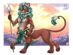 2024 black_nose black_pawpads brown_body brown_fur feet felid felid_taur fur green_eyes green_hair hair kacey lion lion_taur male mammal mammal_taur melee_weapon navel open_mouth pantherine pantherine_taur pawpads polearm roarschach51 solo spear tail tail_tuft taur toeless_(marking) tuft weapon