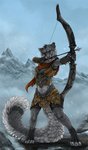 2015 4_toes 5_fingers alternate_version_at_source anthro archer armor arrow_(weapon) bethesda_game_studios biped bow_(weapon) breasts clothed clothing detailed_background deyvarah digital_media_(artwork) digitigrade feet felid female fingers fur gloves_(marking) khajiit leg_markings mammal markings microsoft midriff mountain pantherine ranged_weapon red_eyes sky skyrim snow snow_leopard socks_(marking) solo standing the_elder_scrolls toeless_(marking) toes weapon