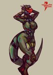 2024 absurd_res accessory anthro armor armored_core_(series) belt belt_buckle big_breasts big_butt big_tail boots breasts buckle butt clothed clothing digital_drawing_(artwork) digital_media_(artwork) digital_painting_(artwork) digitigrade eyeshadow female flight_helmet flight_suit footwear fully_clothed furgonomics headgear helmet hi_res holding_head horn jumpsuit lizard looking_at_viewer makeup orange_visor padding pilot pilot_helmet pilot_suit pose posed reptile scalie shoes simple_background smile smiling_at_viewer smirk smirking_at_viewer smug smug_face solo tail tail_accessory tail_belt thick_thighs thighs_together wide_hips xil-bar yaramoshi_satoshi