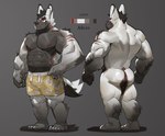 2023 adrian_(uriex) anthro big_butt black_body black_fur butt canid canine canis clothing fur hair hi_res male mammal multicolored_body multicolored_fur musclegut muscular muscular_anthro muscular_male nude red_eyes scar simple_background tail thick_thighs uriex white_body wolf