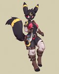 2024 4:5 anthro anthrofied asimos black_body black_hair breasts clothing eeveelution female generation_2_pokemon hair hi_res knife legwear navel nintendo open_mouth paws pokemon pokemon_(species) pokemorph red_eyes signature simple_background solo tongue umbreon weapon