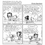 1:1 2007 ambiguous_gender anthro black_and_white child chris_sanders comic detailed_background dialogue domestic_cat duo english_text eye_patch eyewear feet felid feline felis frown hindpaw human kiskaloo leaf mammal monochrome official_art ogo_(kiskaloo) paws sesi_(kiskaloo) sitting smile speech_bubble tail tape text toony url whiskers young