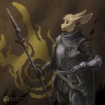 1:1 anthro armor banner basitin brown_body brown_fur clothed clothing digital_media_(artwork) elden_ring female fromsoftware fully_clothed fur hi_res holding_melee_weapon holding_object holding_polearm holding_spear holding_weapon mammal melee_weapon polearm scar solo spear sword techiesxc twokinds weapon