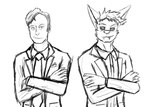 anthro bat better_call_saul black_sclera botter botter_dork breaking_bad clothed clothing digital_media_(artwork) duo fangs hi_res human hybrid jimmy_mcgill looking_at_viewer male male/male mammal monochrome mustelid necktie otter rio_(botter_dork) simple_background sketch_page smile smirk suit teeth topwear