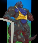 2021 abs alligator alligatorid anthro balls barazoku big_muscles bottomless clothed clothing crocodilian day dinosaur erection genitals hi_res huge_muscles humanoid_genitalia humanoid_penis hybrid javkiller looking_at_viewer low-angle_view male muscular muscular_anthro muscular_male narrowed_eyes outside pecs penis prehistoric_species qaz quads reptile scalie shirt smile solo standing tail tank_top thick_thighs topwear