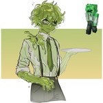 1:1 abstract_background bottomwear bubble clothing dream_smp dripping eyewear glasses goo_creature goo_humanoid green_body green_eyes green_pseudo_hair green_theme hi_res holding_tray humanoid in_nyeo las_nevadas_uniform male microsoft minecraft mojang necktie not_furry pants pseudo_hair reference_image shirt slimecicle smile solo suspenders topwear unavailable_at_source xbox_game_studios