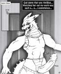 2015 anthro big_penis bodily_fluids breath clothed clothing comic dragon drooling english_text erection genitals hi_res horn if_hell_had_a_taste male monochrome muscular muscular_anthro muscular_male mythological_creature mythological_scalie mythology panting penile_spines penis saliva scales scalie scar sharp_teeth shirt skylar_fidchell solo tail tank_top teeth text tongue tongue_out topwear viroveteruscy