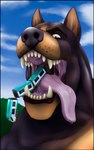 absurd_res anthro anthro_pred black_border black_nose bodily_fluids border canid canine canis dobermann domestic_dog gfhs hi_res macro male male_pred mammal open_mouth pinscher saliva saliva_string simple_background size_difference solo teeth train vehicle vore