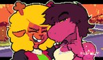 2024 anthro antlers blonde_hair breasts brown_body brown_face brown_fur brown_hair buckteeth clothed clothed_anthro clothed_female clothing deer deltarune digital_media_(artwork) dinosaur ditchu duo eyes_closed female female/female female_anthro fingers fur hair hi_res horn laugh looking_at_viewer mammal mewing_(meme) monster narrowed_eyes new_world_deer noelle_holiday non-mammal_breasts open_mouth open_smile pixel_(artwork) prehistoric_species purple_body purple_face purple_scales purple_skin reindeer reptile scales scalie smile susie_(deltarune) teeth topwear undertale_(series) watermark white_clothing white_topwear yellow_sclera