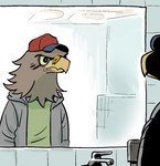 accipitrid accipitriform anthro avian bathroom beak bird brown_body brown_feathers clothed clothing eagle faucet feathers hat headgear headwear looking_at_mirror looking_at_object male mirror public_restroom shurueder solo