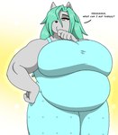 belly big_belly big_breasts big_female breasts canid canine canis clothing elitronx female green_hair hair hi_res huge_breasts malissa_(elitronx) mammal obese overweight pajama_pants shirt slightly_chubby slightly_chubby_female solo tank_top text thick_thighs thinking topwear wide_hips wolf yellow_eyes