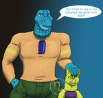 2024 4_fingers adopted_(lore) adopted_daughter_(lore) adoptive_father_(lore) alligatorid anthro artist_logo azurlligator belt_buckle blue_body blue_claws blue_eyes blue_scales bottomwear buckle bulging_neck cheek_tuft claws clothed clothed_anthro clothed_male clothing colored crocodilian dialogue digital_drawing_(artwork) digital_media_(artwork) don't_talk_to_me_or_my_son_ever_again duo english_description english_text eternal_forwardness eyes_closed facial_horn facial_scar facial_tuft fangs feather_necklace female female_anthro finger_claws fingers fur furrowed_brow gradient_background green_bottomwear green_clothing green_pants hand_in_pocket hand_on_head hi_res horn jewelry light lighting logo looking_at_viewer male male_anthro mammal meme multicolored_body muscular muscular_anthro muscular_male nathile_tiduna neck_tuft necklace nose_horn orange_clothing orange_shirt orange_topwear pants pink_tongue pockets pupils purple_body purple_horn purple_scales reptile rita_yoshimi_tiduna scales scalie scar shaded shirt simple_background skywater slit_pupils speech_bubble standing talking_to_viewer teeth text tongue topwear tuft wolvoon yellow_body yellow_fur young young_anthro young_female