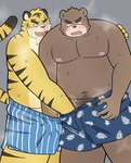 2023 anthro areola bear black_body black_fur black_stripes blue_clothing blue_underwear blush bodily_fluids boxers_(clothing) brown_body brown_fur cheek_tuft clothed clothing duo facial_tuft felid front_view fur grey_background hand_in_underwear handjob head_tuft hi_res hug humanoid_hands interspecies kemono looking_pleasured male male/male mammal moobs motion_lines mutual_masturbation navel nipples obscured_handjob open_mouth orange_body orange_fur overweight overweight_male pantherine pattern_clothing pattern_underwear penile pink_areola pink_nipples pink_tongue pubes sex simple_background smile standing striped_clothing striped_underwear stripes sweat tiger tmnt_omawari3 tongue topless topless_anthro topless_male tuft underwear