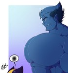 abs absurd_res anthro beast_(marvel) big_muscles big_pecs blue_body blue_fur clothed clothing digital_media_(artwork) fur girl_staring_at_man's_chest hank_mccoy hi_res huge_muscles huge_pecs human humanoid hyper hyper_muscles hyper_pecs male mammal marvel meme muscular muscular_anthro muscular_male pecs simple_background size_difference smile solo standing topless wolverine_(marvel) x-men zephir