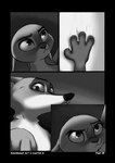 2022 anthro black_border border canid canine cheek_tuft comic disney duo english_text eye_contact facial_tuft fox foxxj greyscale hand_on_chest head_tuft hi_res judy_hopps lagomorph leporid looking_at_another mammal monochrome neck_tuft nick_wilde rabbit red_fox text true_fox tuft zootopia