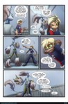 anthro biped blonde_hair blue_body blue_clothing bmbrice clothed clothing colored comic dialogue dialogue_box duo english_text female green_eyes hair hi_res humanoid male nazuret_fallan nazuret_kheilafi open_mouth outside red_clothing speech_bubble supercell_(comic) tan_body text url zeikauko