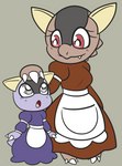 1_fang 2020 2_claws 2_fingers 3_claws 3_fingers 3_toes :o anthro anthrofied apron arms_out baby_kangaskhan bald barefoot belt bent_arm bent_wrist big_breasts big_eyes big_hands black_body black_head breast_outline breasts brown_body brown_clothing brown_dress caring chibi claws closed_smile clothed clothing digital_media_(artwork) dress duo ears_down evolutionary_family exposed_teeth extended_arms eye_contact eyelashes facial_markings fangs feet female finger_claws fingers flat_chested forehead_markings generation_1_pokemon grey_background grey_eyes grey_head hand_on_another's_head hand_on_head head_markings head_spikes hi_res juliet_sleeves kangaskhan long_sleeve_dress long_sleeves looking_aside looking_at_another looking_down looking_down_at_another looking_up looking_up_at_another macropod mammal markings marsupial motherly mouth_closed mythrica nintendo non-mammal_breasts noseless open_mouth pigeon_toed pink_eyes pink_tongue pivoted_ears pockets pokemon pokemon_(species) pokemorph prick_ears puffy_dress puffy_shoulders puffy_sleeves purple_body purple_clothing purple_dress purple_tail red_eyes reptile ribbons sash scalie simple_background size_difference slit_nostrils small_breasts smile smiling_at_another snaggle_tooth snout spikes spikes_(anatomy) standing surprised_expression tail tan_background tan_body tan_ears teeth toe_claws toes tongue white_apron white_belt white_claws white_clothing white_dress white_ribbon white_sash wide_dress wide_hips yellow_ears