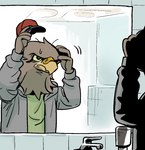 accipitrid accipitriform anthro avian bathroom beak bird bodily_fluids brown_body brown_feathers clothed clothing eagle faucet feathers hand_on_head hat headgear headwear looking_at_mirror looking_at_object male mirror public_restroom shurueder solo sweat sweatdrop