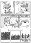 absurd_res anthro black_and_white canid canine clothed clothing comic dialogue_box door drawer duo ear_piercing english_text fox hi_res inner_ear_fluff inside kifyun2 male mammal monochrome one_way_mirror piercing rock scientist(undying_void) simple_background speech_bubble tatsuo_kimura text tuft