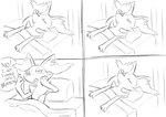 2023 3_fingers ambiguous_gender anthro biped braixen comic dialogue english_text fingers generation_6_pokemon hi_res inner_ear_fluff monochrome narrowed_eyes nintendo open_mouth pokemon pokemon_(species) sealer4258 sketch sleeping solo speech_bubble text tuft under_covers waking_up