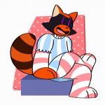 1:1 2017 3_toes anthro biped brown_body brown_fur clothed clothing crossdressing crossed_legs feet femboy fully_clothed fur hi_res jailvian male mammal open_mouth open_smile orange_body orange_fur pattern_clothing procyonid purple_eyes raccoon raised_tail simple_background sitting smile solo striped_clothing stripes tail toes toony vertical_bar_eyes zalgaloo