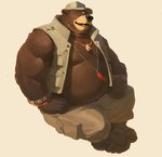 2024 absurd_res anthro bear belly big_belly bottomwear brown_body brown_fur clothing fur hat headgear headwear hi_res huynhduyad14 kemono male mammal moobs overweight overweight_male pants simple_background sitting solo